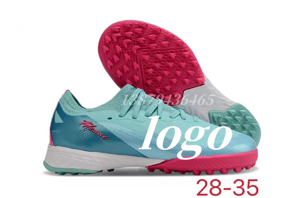 Los fabricantes de Putian venden al por mayor zapatos de fútbol de la serie X de entrenamiento verde de uñas rotas para niños y niñas de interior transfronterizos