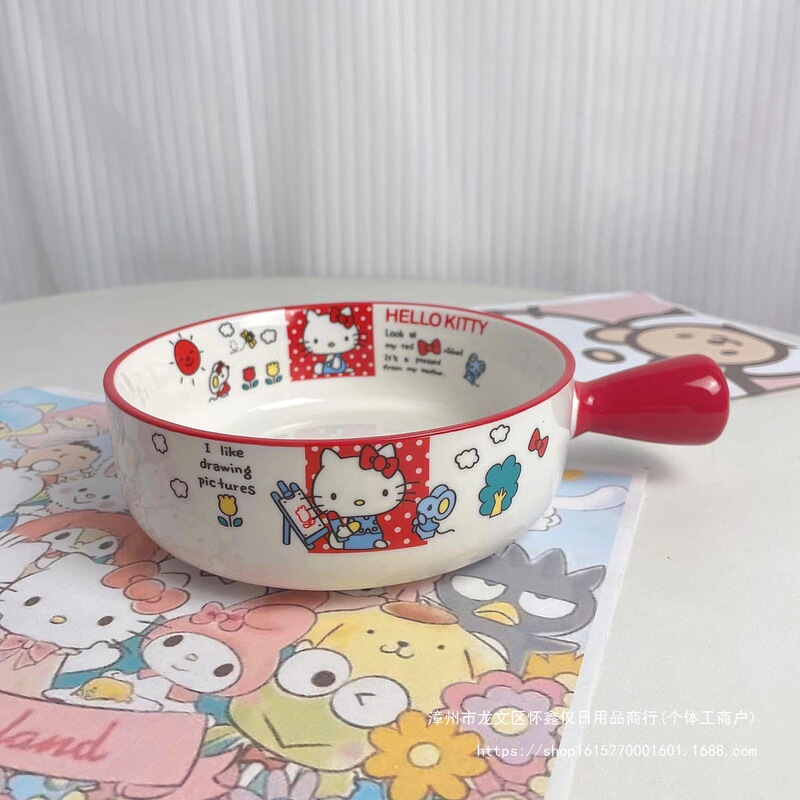 Japanese Hello Kitty Bowl and Plate Set Kitty Cat Ceramic Bowl with Lid Cartoon Instant Noodle Bowl Breakfast Rice Plate