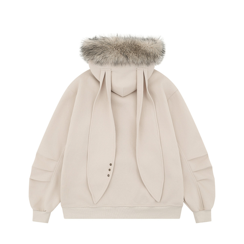 Dark Style High Street Spider Web Cartoon Kapuzenjacke mit langen Ohren für Herren mit abnehmbarem Pelzkragen und Zwei-Wege-Reißverschluss_voghion.com