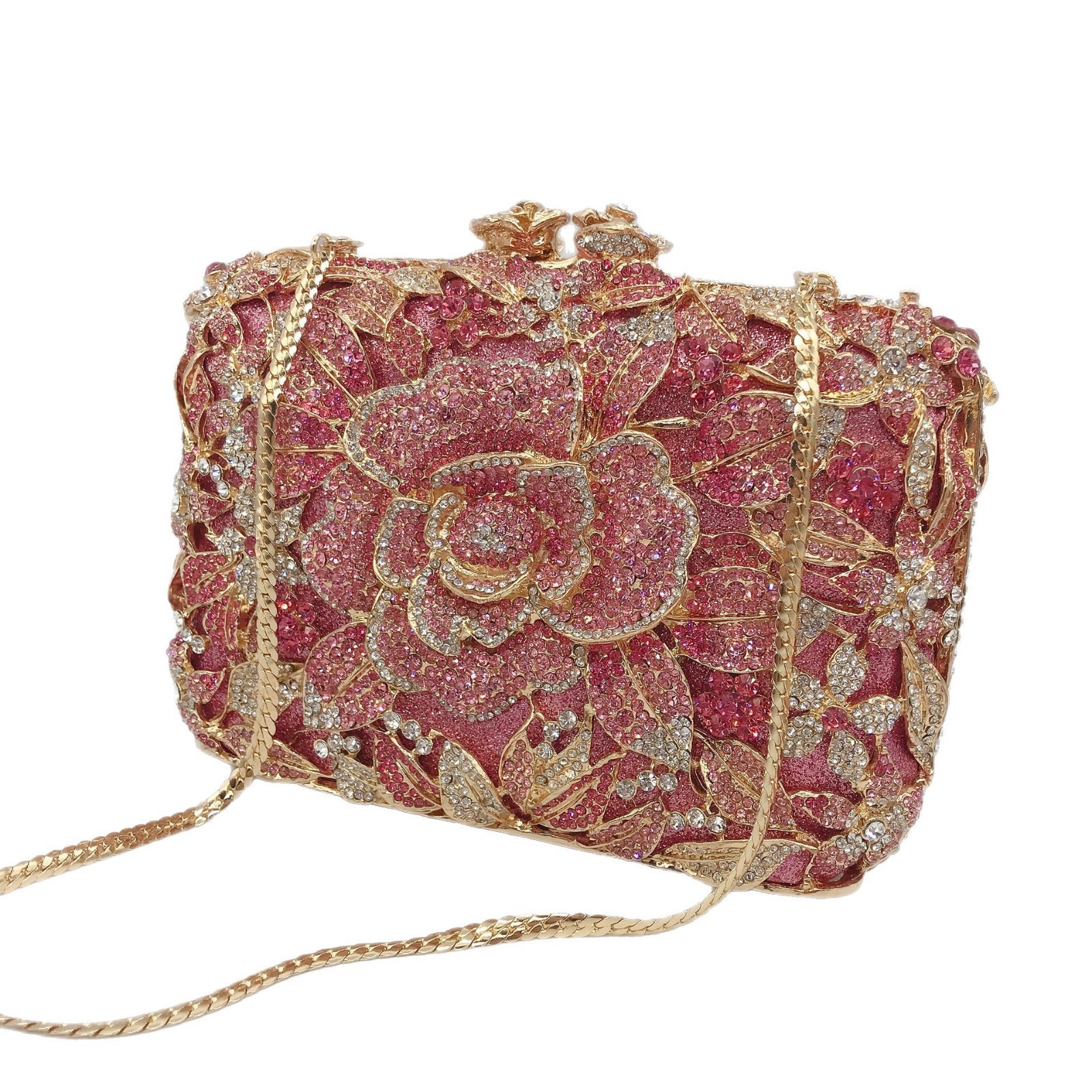 Bolso de cristal estricto pastel rosa con diamantes bolso de banquete bolso de diamantes perforado bolso de mano de mujer