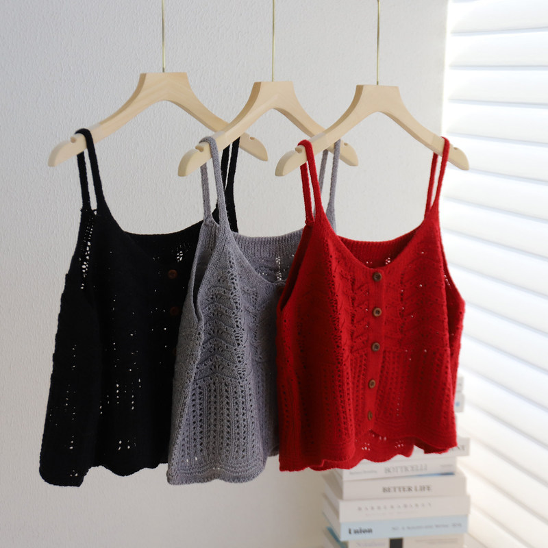 Hollow lace buttoned knit top, camisole for women, suitable for layering as an inner top or unique outer cover-up, perfect for autumn layering with a vest Hollow lace buttoned knit top, camisole for women, suitable for layering as an inner top or unique outer cover-up, perfect for autumn layering with a vest