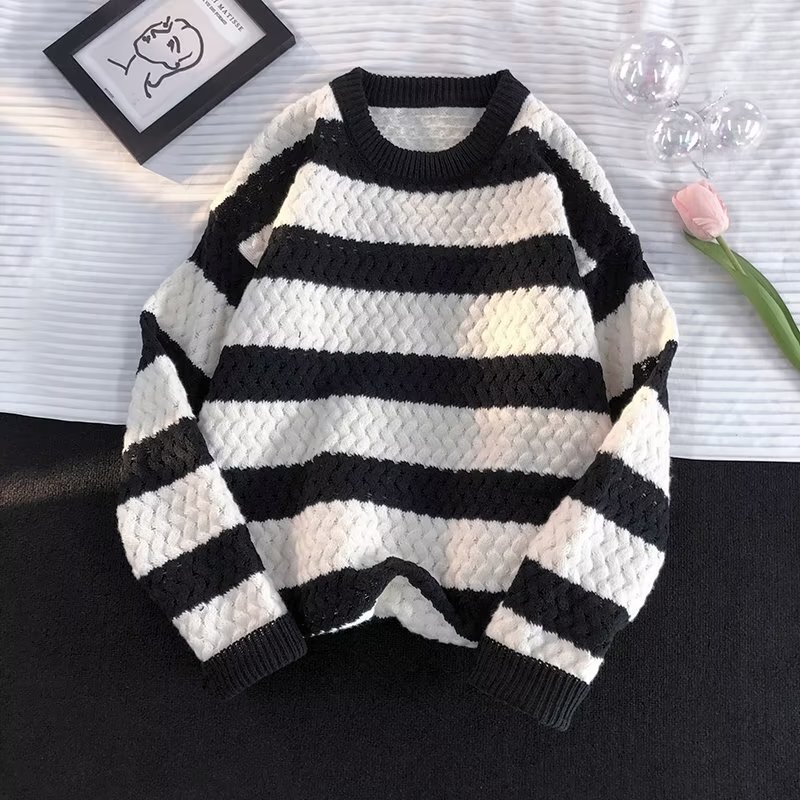 Fall/winter plus size 300kg Hong Kong style striped crew neck sweater men's fat design sweater youth sweater