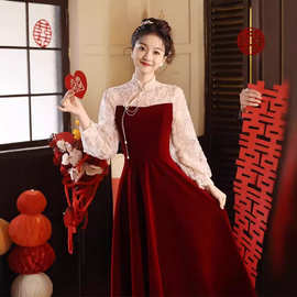 敬酒服新娘2026新款丝绒红色结婚订婚礼服回门宴便装大码连衣裙女