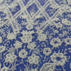 外贸新款洒撒金细粉珠格子白色婚纱礼服花边连衣裙网纱布面料厂家