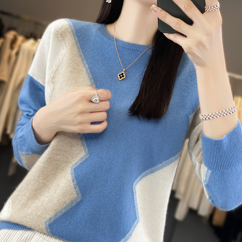 Autumn And Winter Wool Sweater For Women,Round Neck Pullover,Thick Sweater,Color Matching,Loose Cashmere,Warm Knitted Bottoming Shirt