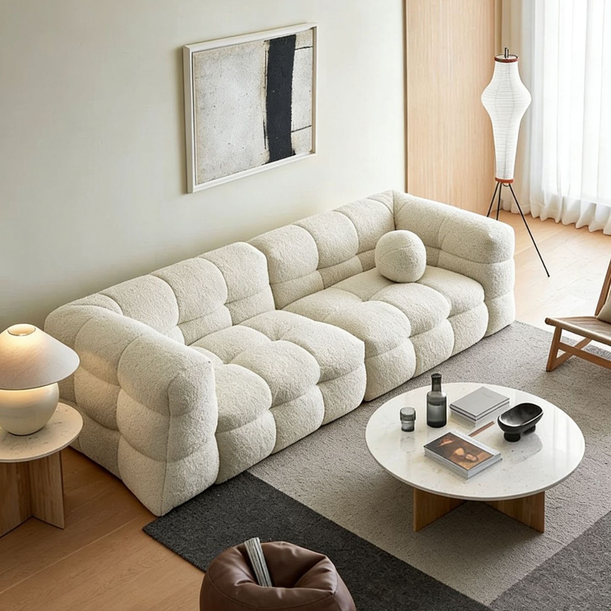 Marshmallow Sofa Fabric Cream Style Small Apartment Internet Celebrity Minimalist Living Room Teddy Lamb Wool Straight Three-Seater