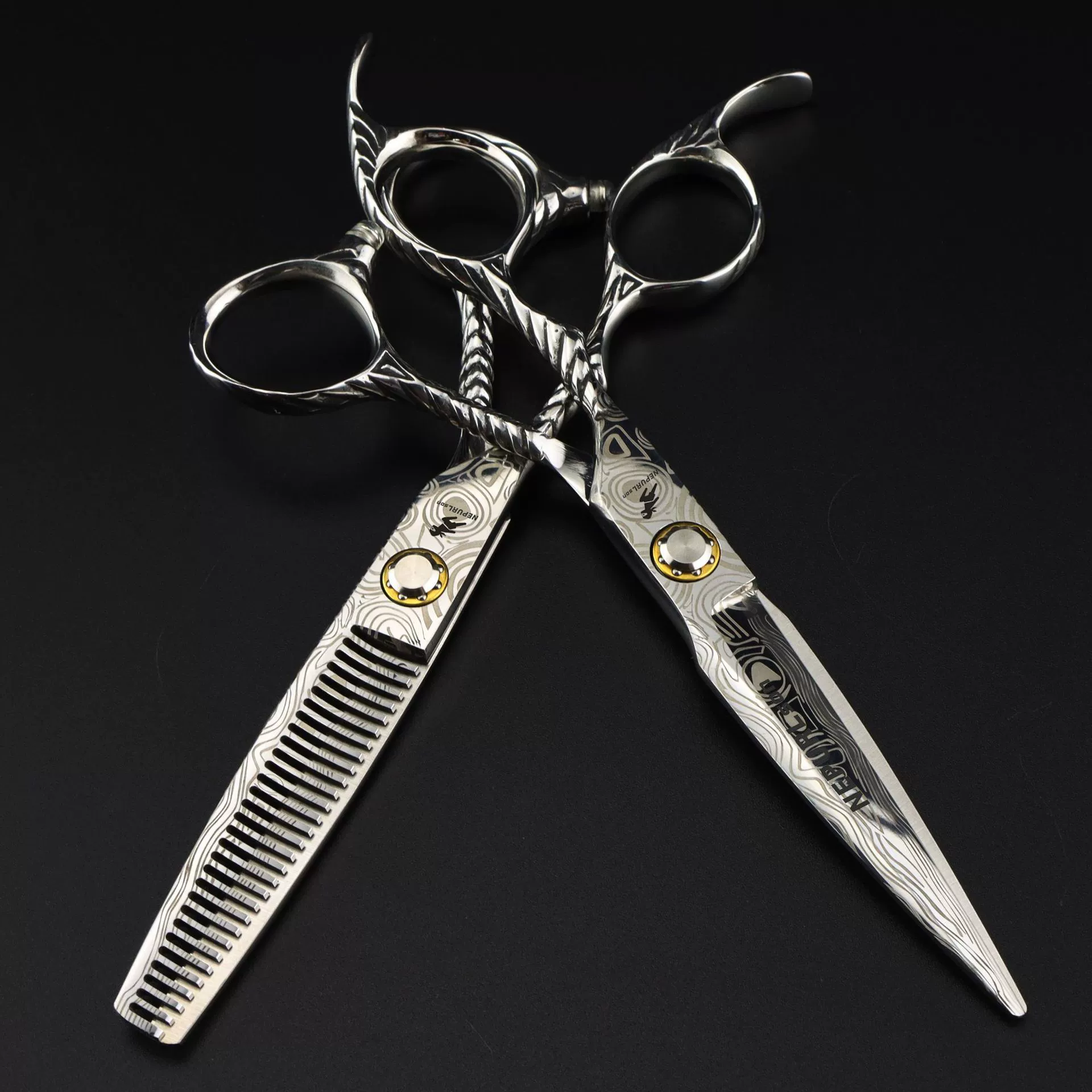 6,0 дюймов несущий винт дамасский узор Парикмахерские ножницы для левой руки плоские зубные ножницы тонкий срез
