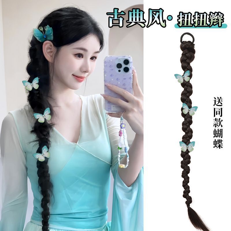 Wig Braids for Women, Boxing Twist Braids, Classical Synthetic Hair, Gentle Temperament, Cheongsam Style, New Chinese Style Ponytail Wig