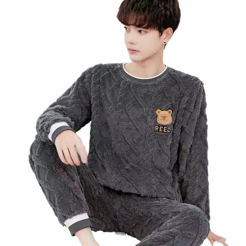 남성 잠옷 가을, 겨울 두꺼운 벨벳 겨울 산호 벨벳 따뜻한 청소년 슈퍼 두꺼운 가정 의류 세트