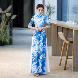 奥黛版走秀旗袍新款中国风舞台演出服大码年轻款改良舞蹈服女