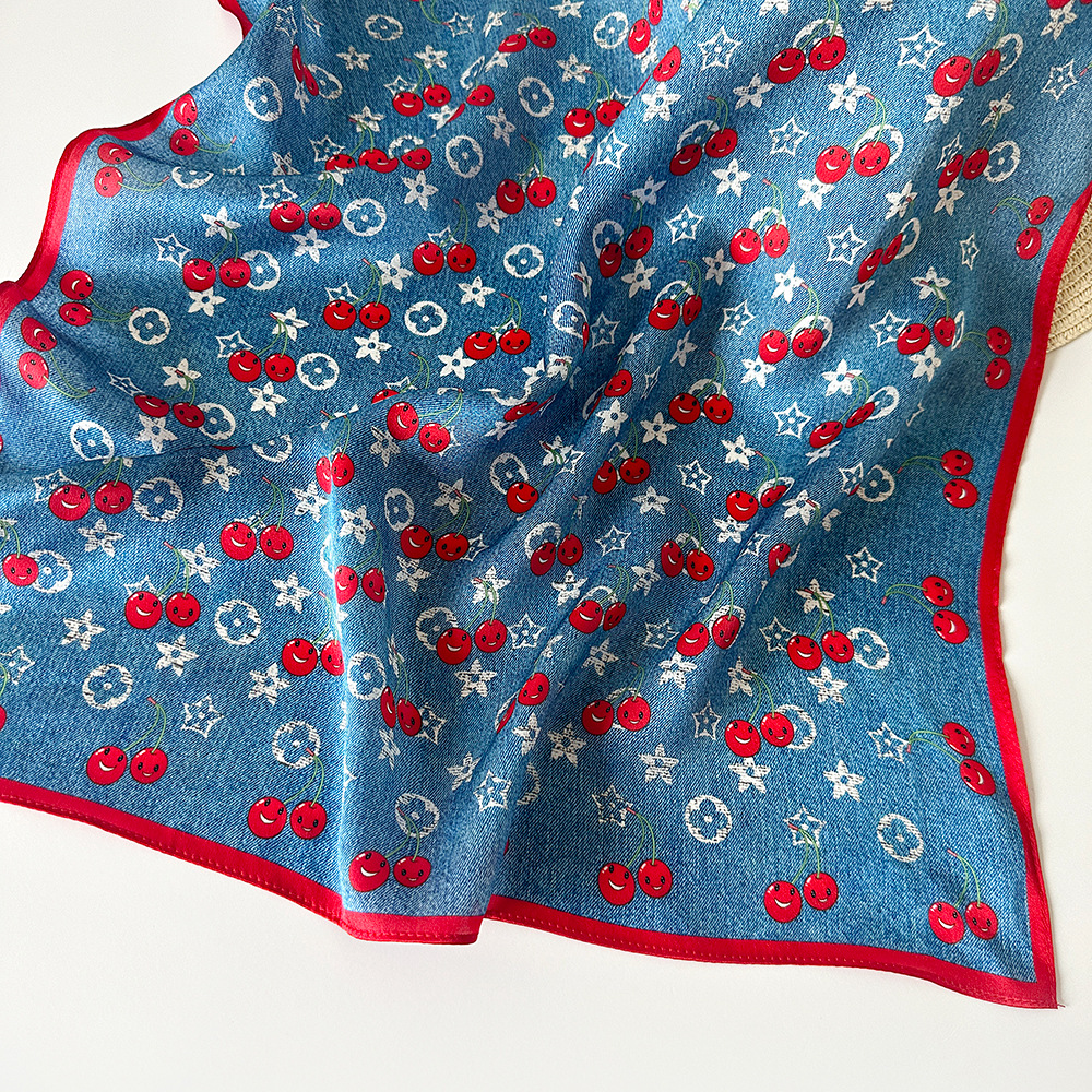 Premium Silk Satin Scarf Ethnic Style Cherry Print Square Neck Scarf Vintage Summer Silk Handkerchief For Women - Thumbnail 2