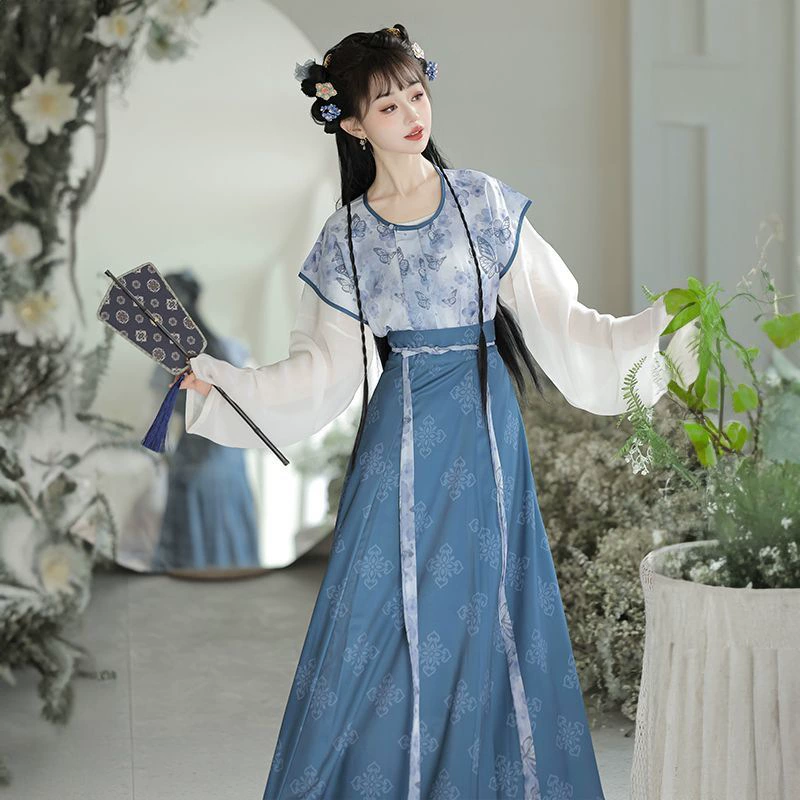迎笙诺 Оригинал [Цветы и бабочки] Hanfu женское платье эпохи Тан китайский стиль по талии восьмислойная юбка ежедневный стройный стиль