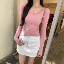 5081#人棉磨绒蕾丝花边打底衫上衣女装秋季2024设计感内搭短款长