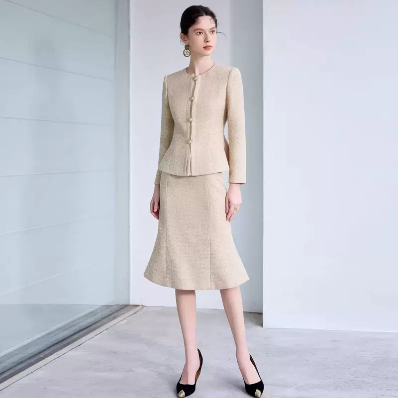 秋季时尚圆领卡其色职业女裙套装修身显瘦包臀鱼尾裙女神范正装OL