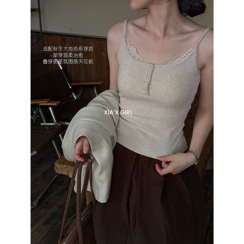 XIA'X Summer Girl Korean-style lace-trimmed ribbed camisole with chest pads, can be worn as outerwear, base layer, and back-beautiful underwear XIA'X Summer Girl Korean-style lace-trimmed ribbed camisole with chest pads, can be worn as outerwear, base layer, and back-beautiful underwear