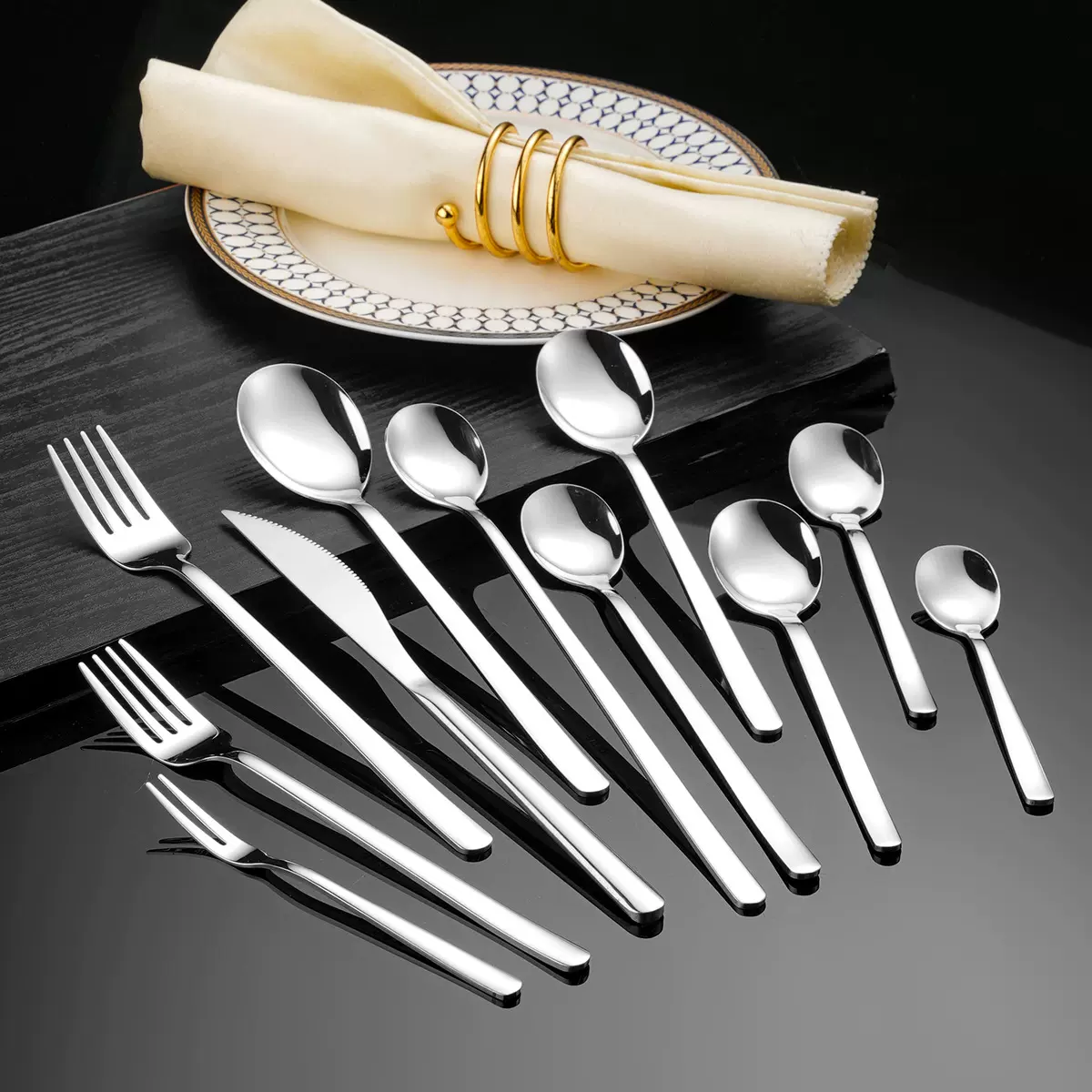跨境亚马逊304韩式勺高档不锈钢刀叉勺餐厅四件套牛排套装家用