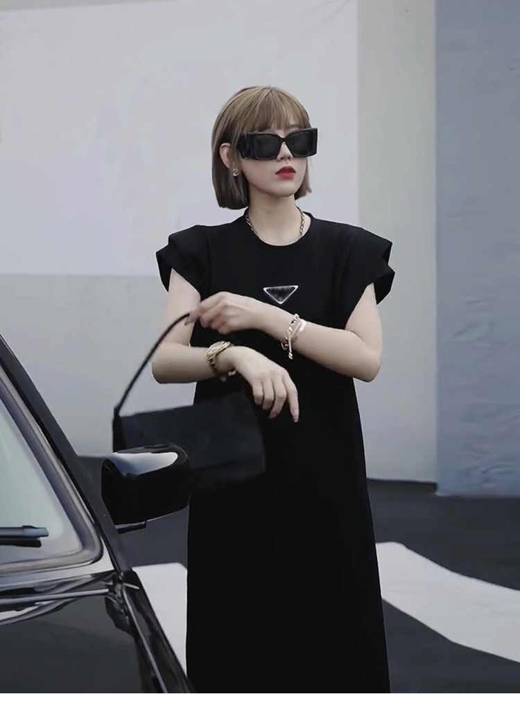 Đầm suông midi phong cách Hepburn kiểu Pháp tôn dáng cho nữ mùa hè — màu đen
