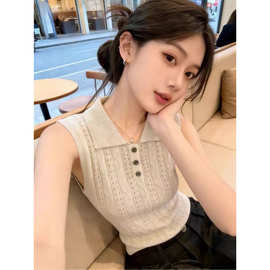 老钱风复古Polo领镂空针织背心女夏季薄款小衫高级感无袖别致上衣