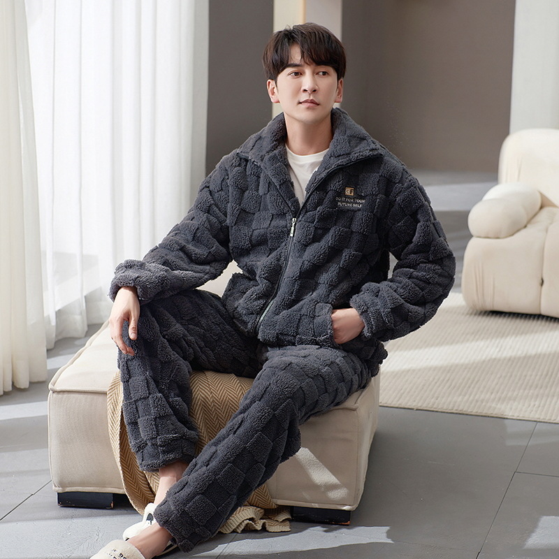 Pijamas de franela los hombres del otoño y el invierno collar soporte caliente juventud coral fleece homewear traje se puede usar fuera