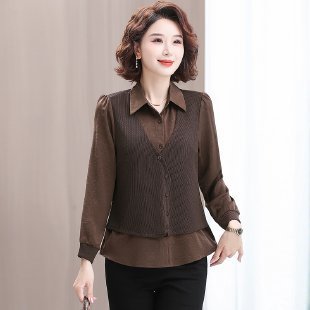 2025新款中老年妈妈春秋装假两件衬衫中年女装打底衫洋气长袖上衣|undefined