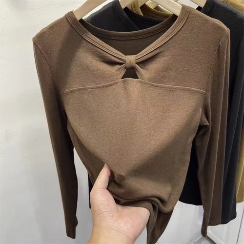 Bow-Knot Autumn/Winter Warm Base Layer Top for Women: Sleek, Thoughtfully Designed, Hollowed-Out Twist-Effect Long-Sleeve T-Shirt—A Fashionable Statement Piece for Her