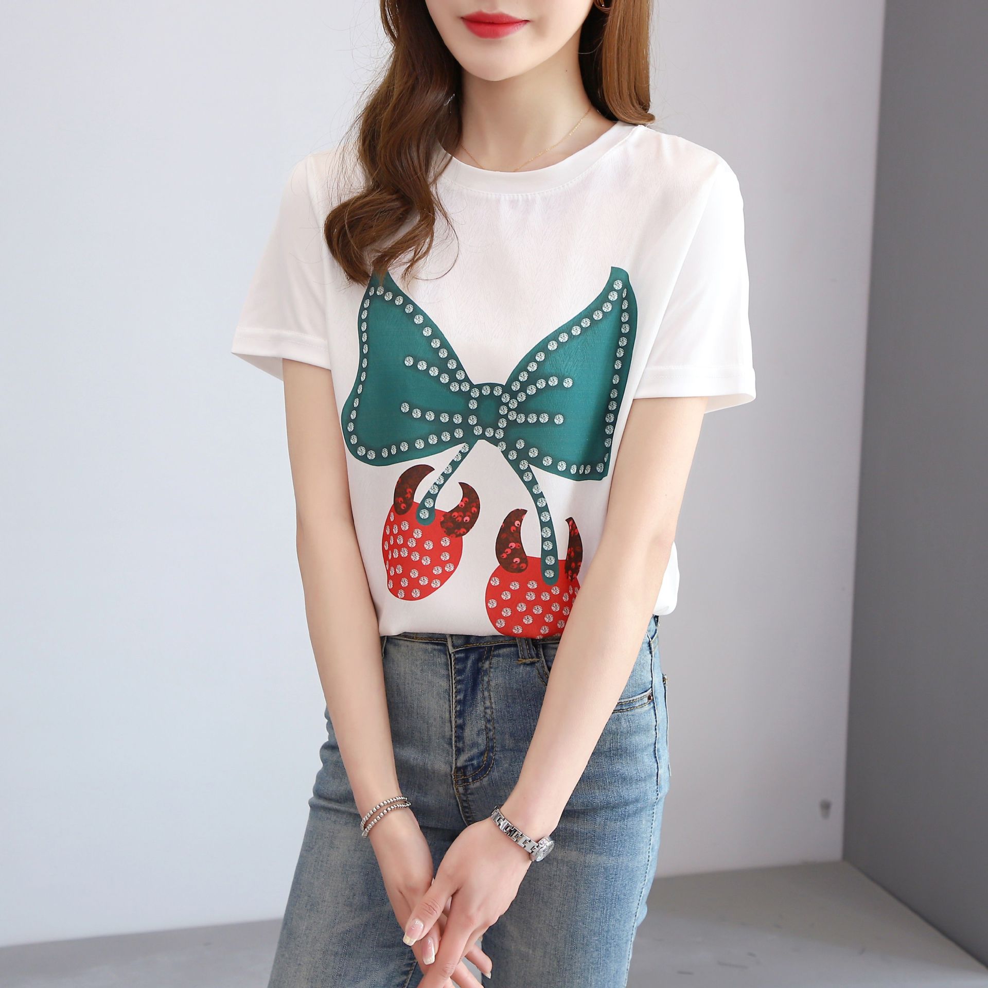 AB impreso de manga corta de verano impreso camiseta de las mujeres blancas de reducción de edad elegante adelgazar superior de secado rápido todo partido redondo image 9