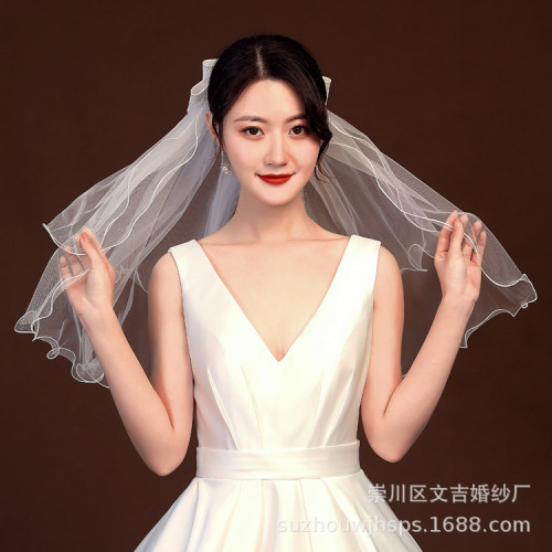 White Deer Same Style Bridal Veil Satin Fabric Large Butterfly Wedding Veil Rolled Edge Two Layers Shape Wedding White License Photograph 