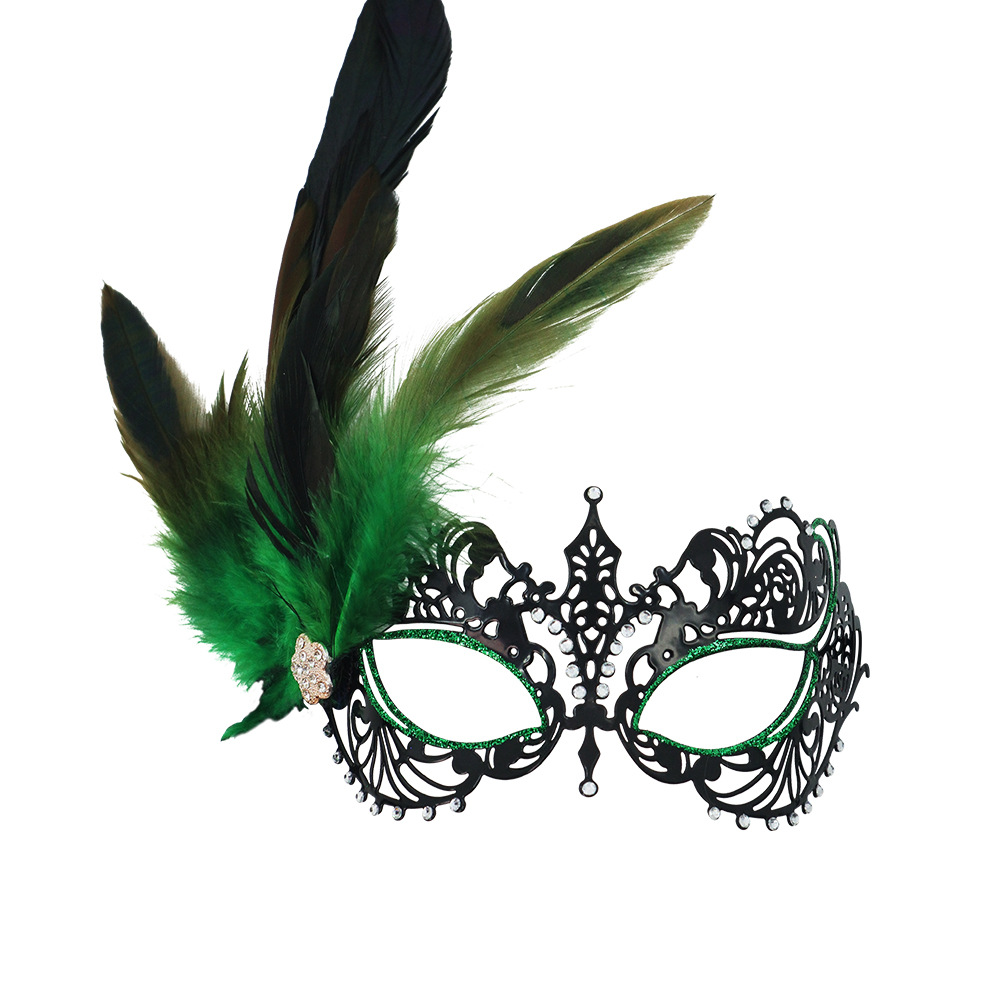 Máscara de media cara de hierro forjado Amazon, edición especial con pedrería lateral con plumas, punta puntiaguda, brillo y velcro para fiestas de alta gama para mujer.
