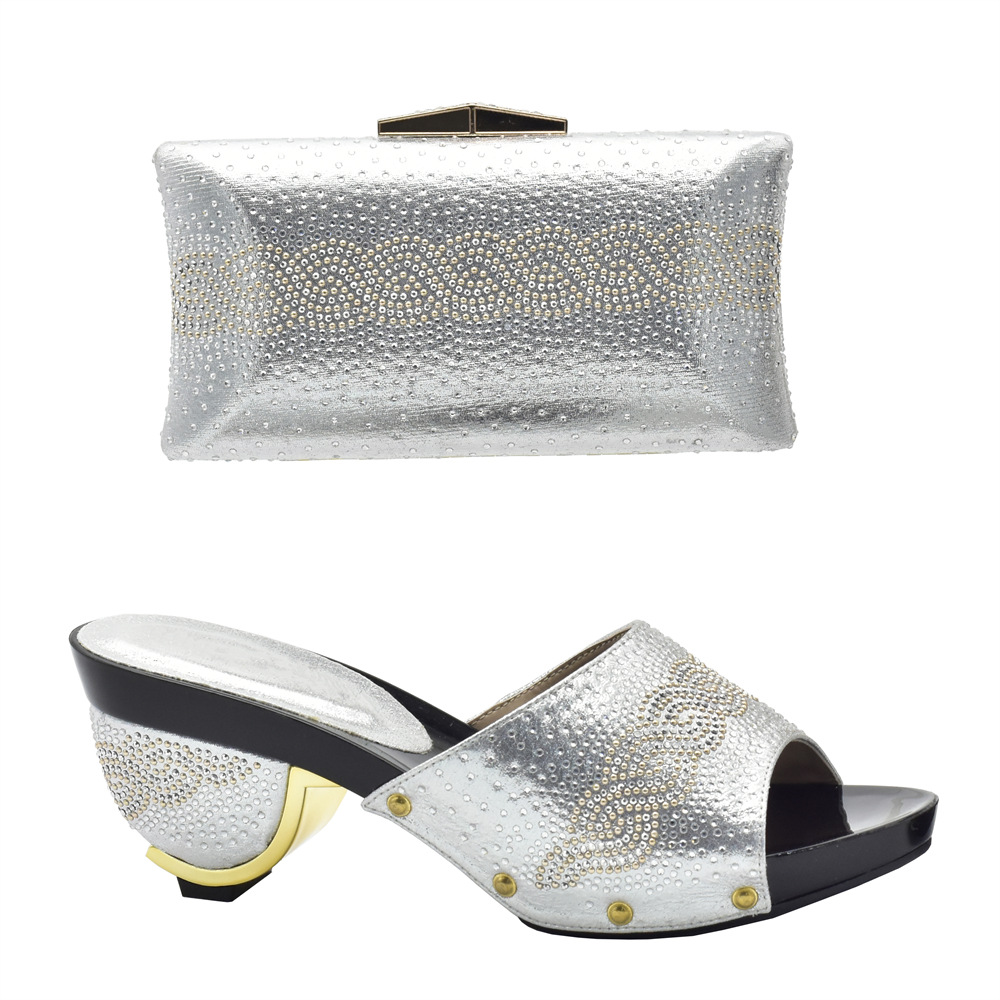 New solid color hot diamond round head high heels wedding shoes rhinestones elegant with clutch bag set_voghion.com