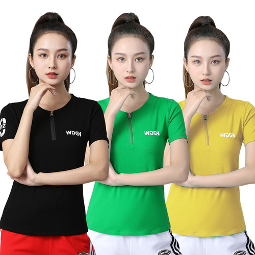 2310 Style Women's Round Neck Zipper Short Sleeve Square Dance Top Fitness Running Wear Sportswear