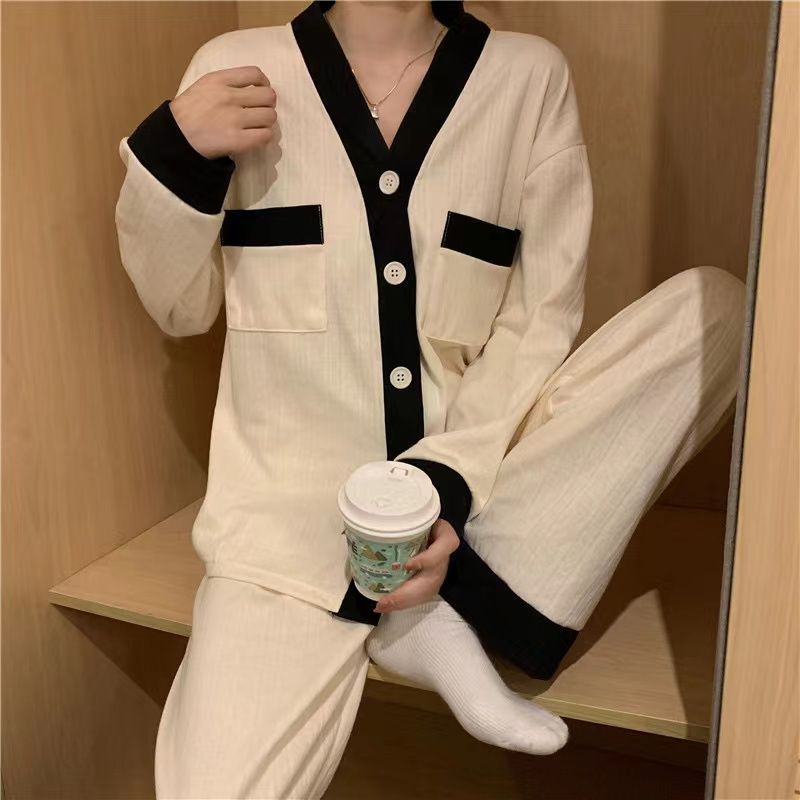 Pijamas coreanos al por mayor transfronterizos pantalones de manga larga primavera y otoño cardigan de cuello en V contra el color del collar dulce conjunto de ropa para el hogar