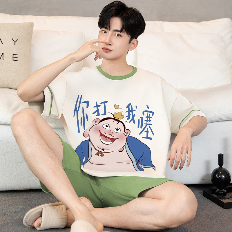 여름 남성용 대형 잠옷 순면 반팔 Nezha Taiyi 실제 남성 청소년 학생 홈웨어
