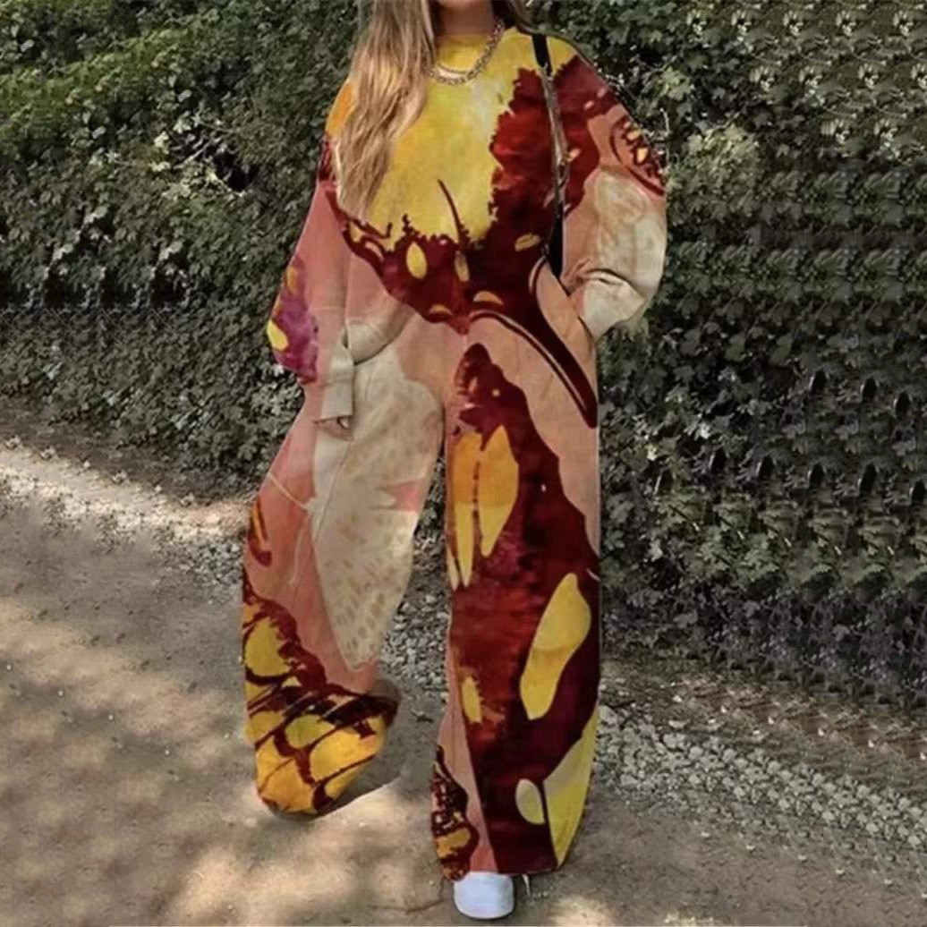 Conjunto de Sudadera Informal con Cuello Redondo y Estampado Holgado para Mujer, Estilo Europeo y Americano, Novedad de Comercio Exterior Transfronterizo para Otoño 2025