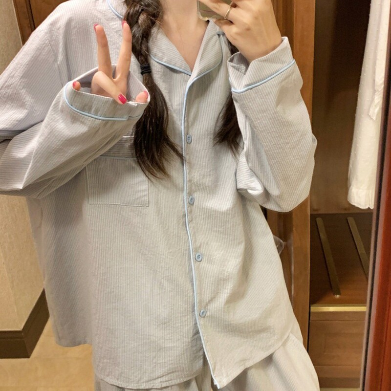 Japanese-Style Simple Striped Comfortable Women's Pajamas Spring and Autumn 2025 New Fog Blue Comfortable Long-Sleeve Loungewear for Girls