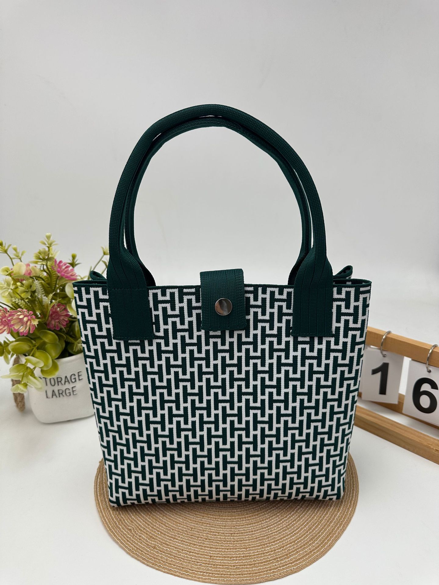 Houndstooth Knit Structured Large Capacity Square Handbag 19
