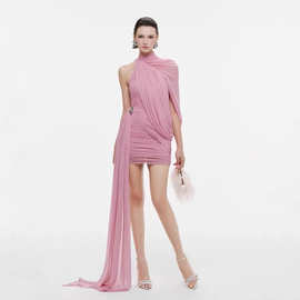 法式设计感不规则褶皱飘带连衣裙女高级感御姐女神范修身礼服裙子