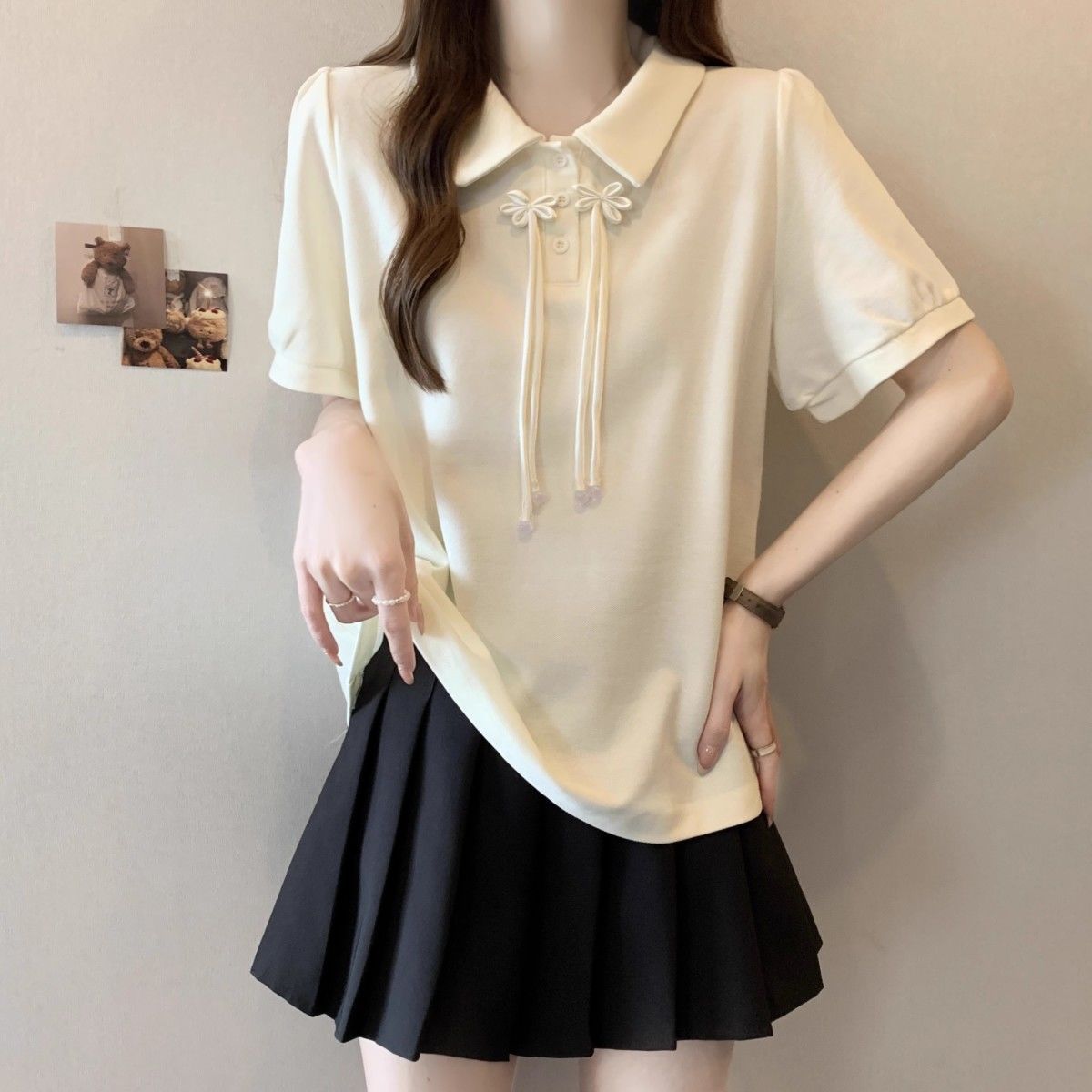 Ropa de mujer de talla grande Fat mm Nuevo estilo chino Colgante con cuello de polo Camiseta de manga corta suelta y delgada que cubre la carne image 7