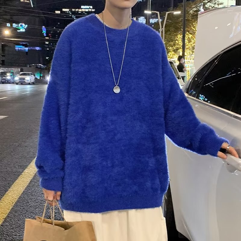 Autumn and Winter Boyfriend Style Thickened Loose Lazy Style Knitted Shirt Simple Solid Color Round Neck White Sweater Men's Korean Style Trendy