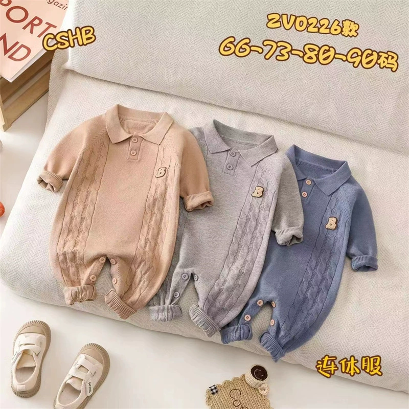 2024 детский свитер ползать костюм весна и осень новый новорожденный ребенок корейский сплошной цвет трикотажные комбинезоны с отворотом