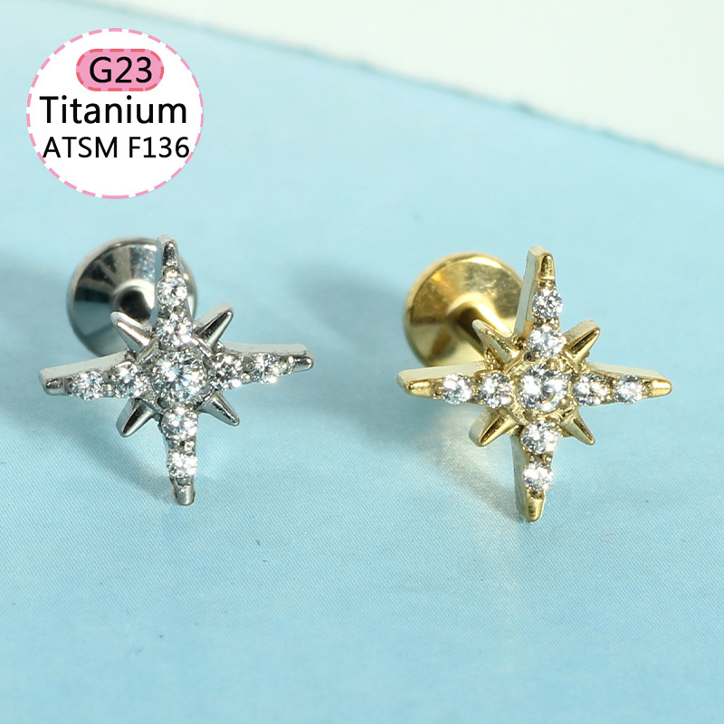 F136 Titanium Alloy Ear Bone Nail Earrings Four-Leaf Clover Lip Nail Fashion Simple Inlaid Zircon Cartilage Jewelry Body Piercing detail image 8