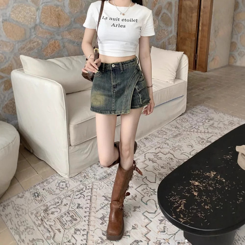 Summer niche pants retro denim short A-line skirt for women with high waist, irregular cut, side seam to prevent exposure