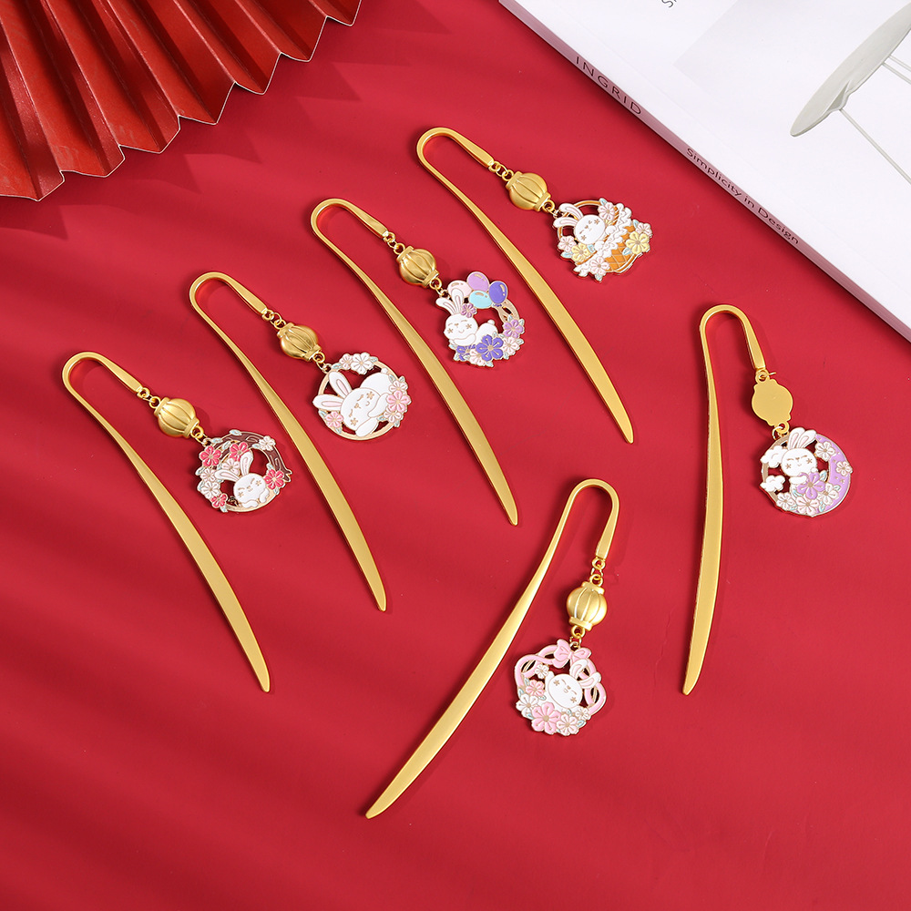 兔年新款書籤櫻花兔開信刀頁夾文藝金屬書夾學生文創禮品書籤批發