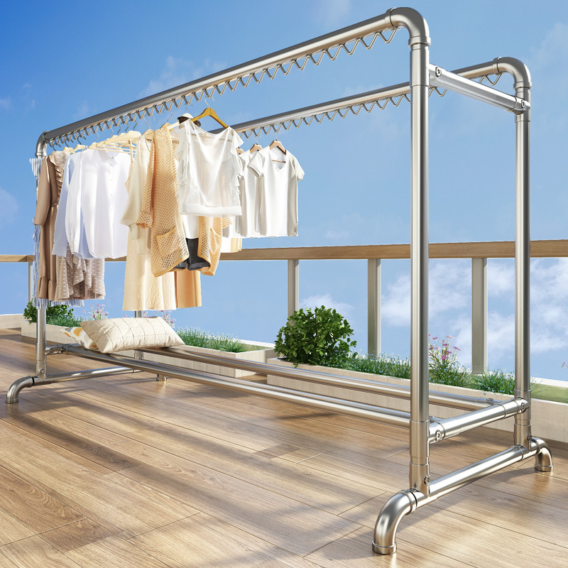 Galvanized Steel Pipe Drying Rack Floor Household Balcony Clothes Hanging Outdoor Windproof Double Pole Water Pipe Drying Quilt Double Pole
