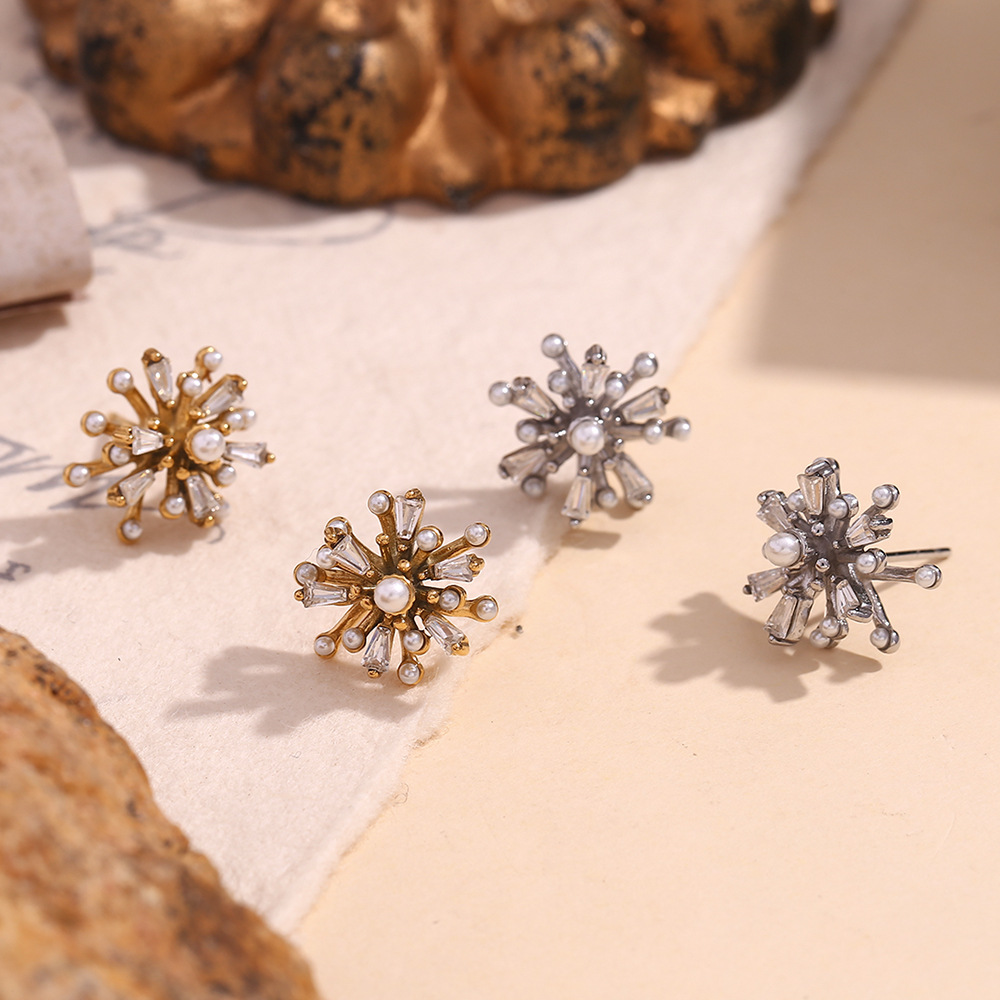 Pearl Zircon Fireworks Stainless Steel Earrings