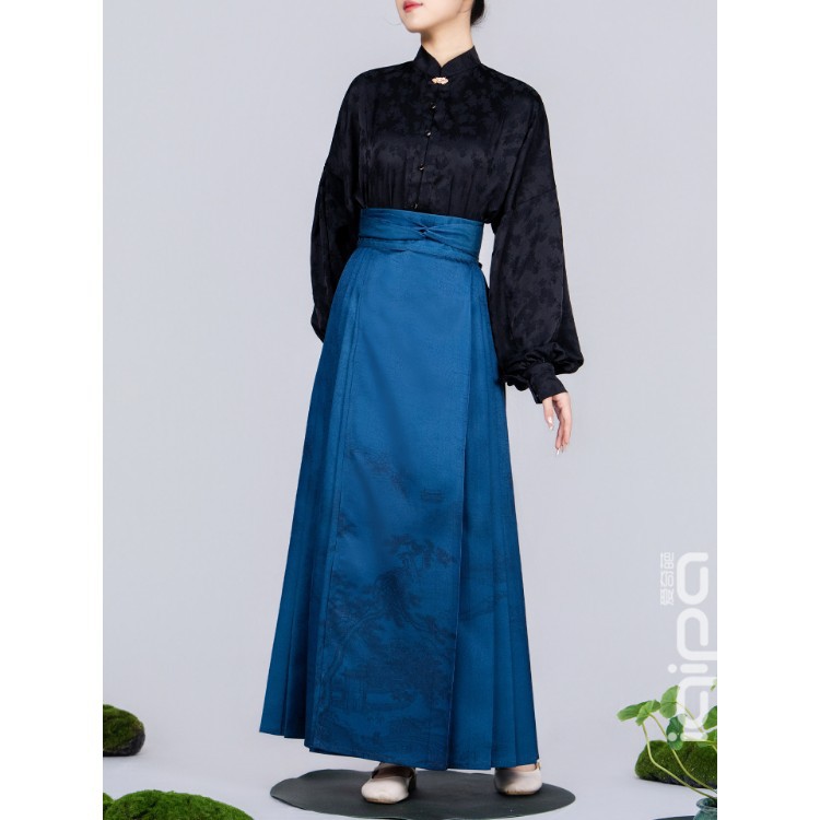 iqipa Twilight Mountain Blue Shadow New Chinese Style Horsehair Skirt for Women, High-end Elegant Modified Hanfu Half Skirt