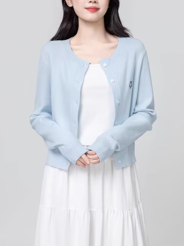 短款奶蓝色圆领针织开衫外套女2025春秋新款法式温柔长袖外搭上衣|undefined