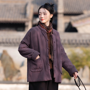 25 Winter New Cotton and Linen Women's Clothing Chinoiserie Retro Stand-Up Collar Plate Button Cotton Jacket Women's Quilted Thickeneded Zen Ramie Cotton Coat