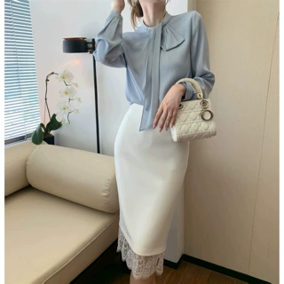 预售职场穿搭法式飘带衬衫女秋季新款设计感长袖上衣立领别致衬衣