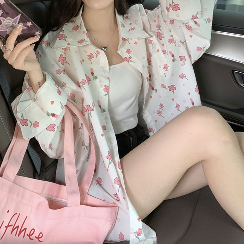 (2개) 신선한 스타일 빈티지 꽃 폴로 칼라 긴팔 셔츠 여름 느슨한 슬리밍 올 매치 얇은 외부 착용 여성을위한 태양 보호 의류