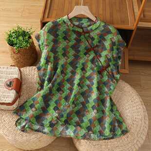 Actual Shot of 2025 New Summer Style Ramie Retro Chinese Style Buttoned Stand Collar Slanted Lapel Moon Sleeve Linen Loose Top